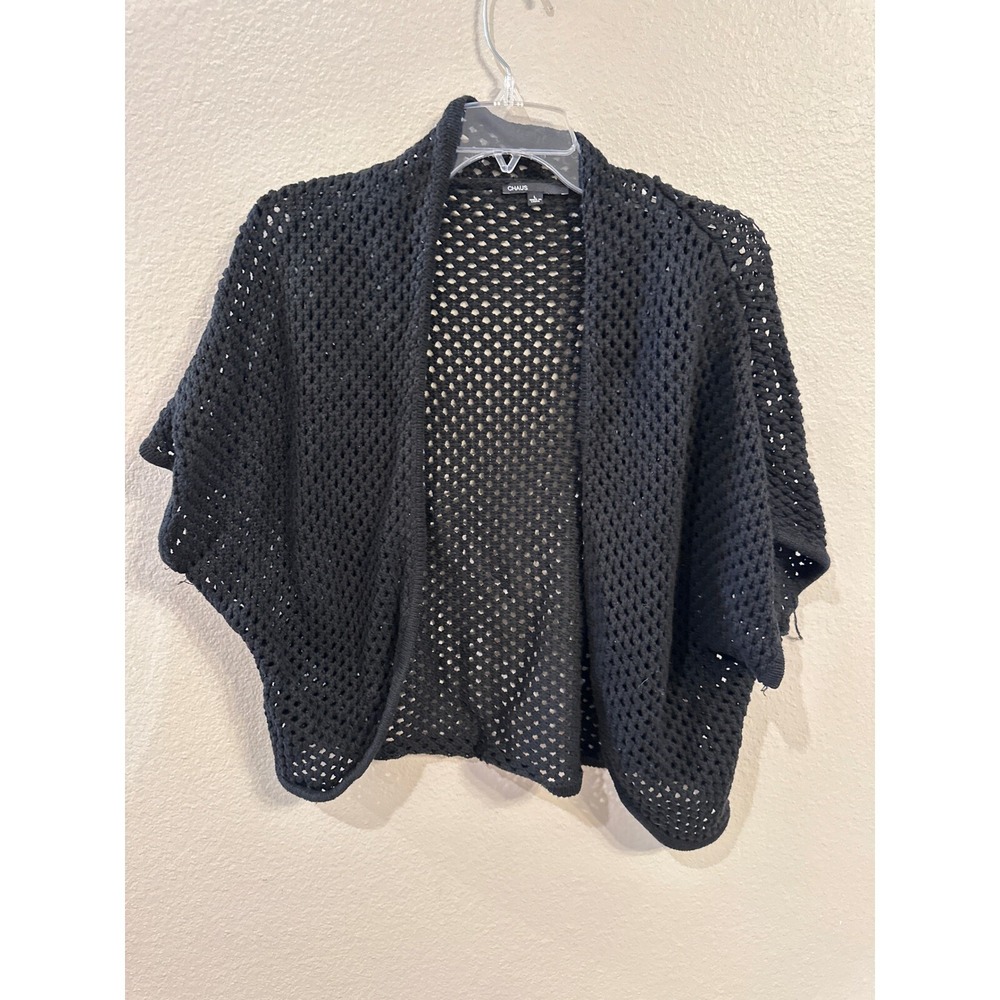 VINTAGE‎ Chaus Black Crochet Knit Open Front Cardigan Shrug Lightweight Size L